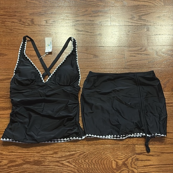 Beachsissi 2 piece halter V neck skirted swimsuit adjustable draw string skirt M - Picture 3 of 14